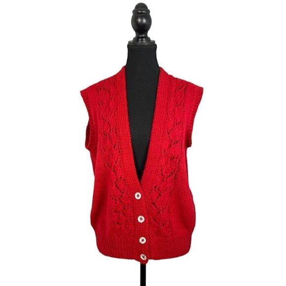 Vintage 90s Red Knit Sailor Style Sweater Vest Soft Pointelle V-Neck Cozy Layer - Picture 1 of 6